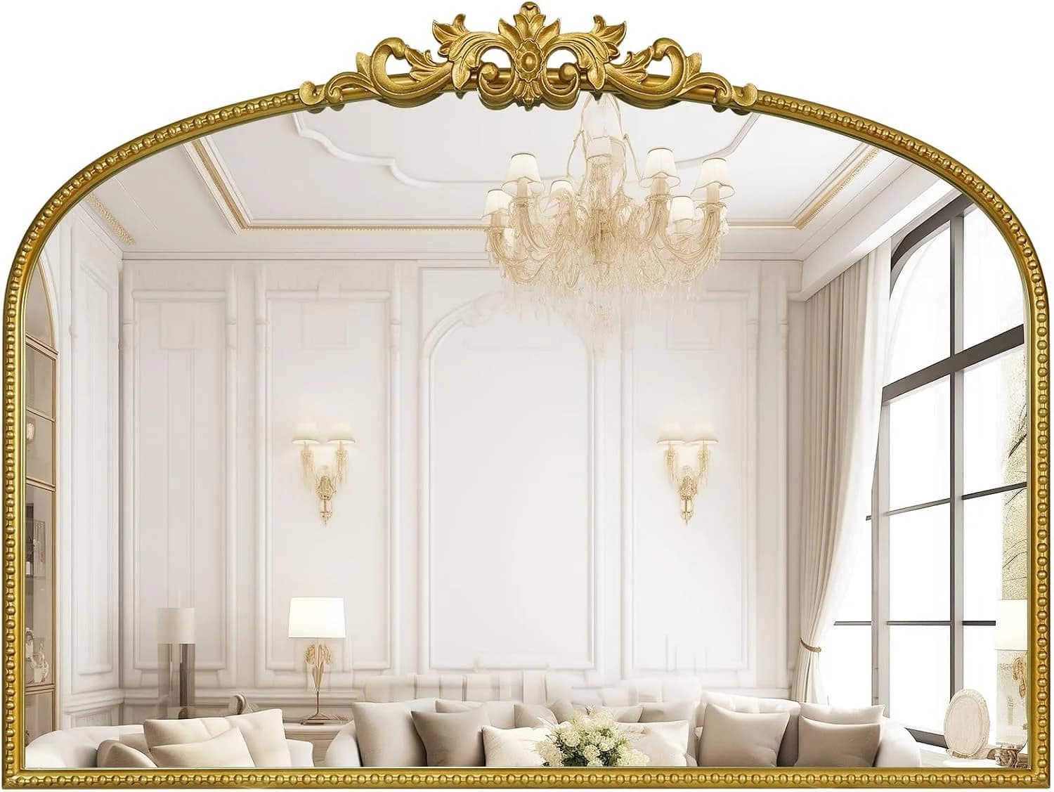 WallBeyond Gold Vintage Mirror for Vanity 32x24 Inch, Gold Antique Mirror with Ornate Frame, Arched Vintage Wall for Bat