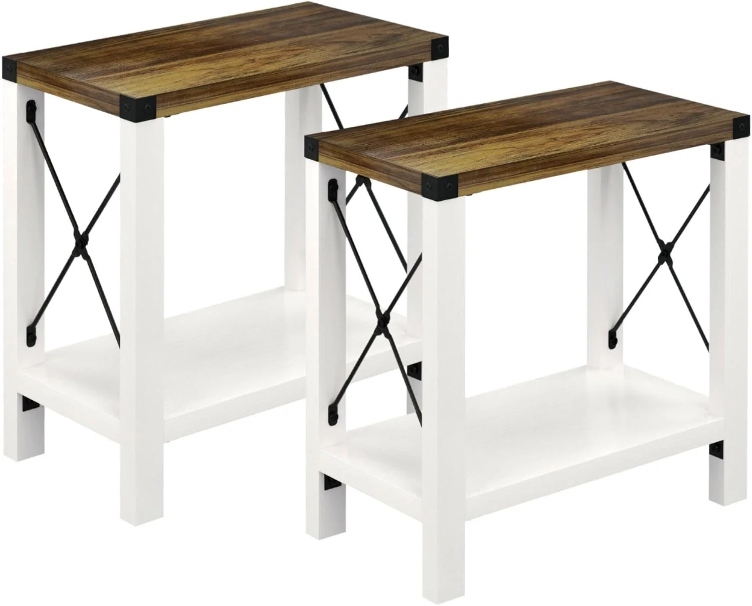 GAZHOME Farmhouse End Table for Small Spaces, Set of 2,Narrow Side End Table with Storage Shelf, Rustic X-Design Nightst