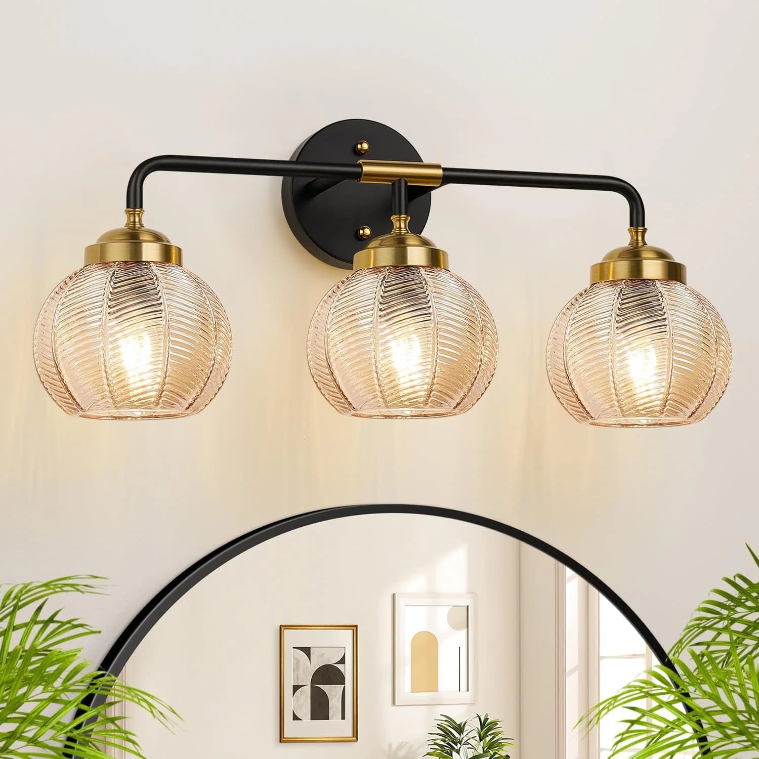 MOKATNG Bathroom Light Fixtures, 3-Light Amber Vanity Lights with Unique Leaf Texture Glass Shade, Modern Matte Black an