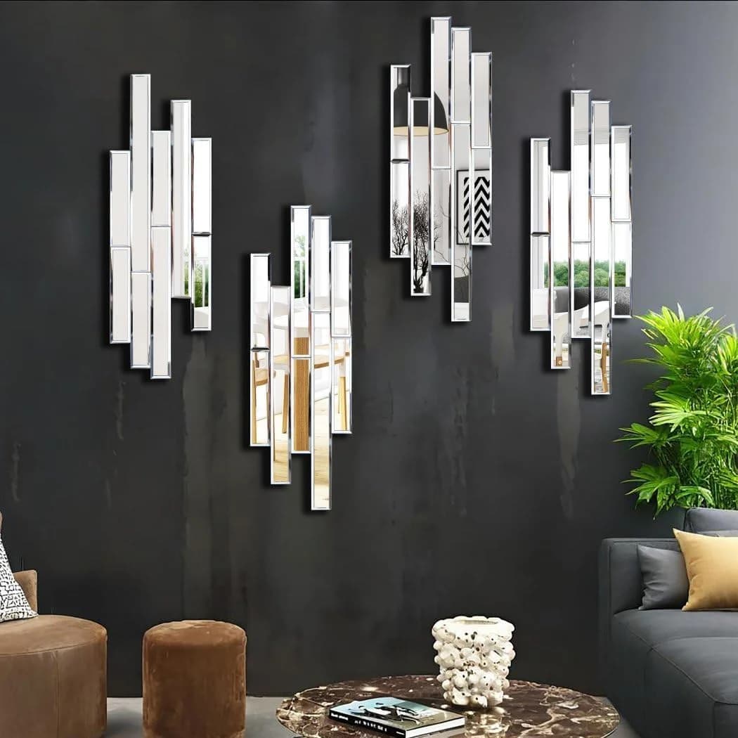 Artisan Set of 4 Silver Beveled Wall Decor Mirrors - 24x8 Inch Each, Creative Combination Design for Modern & Farmhouse