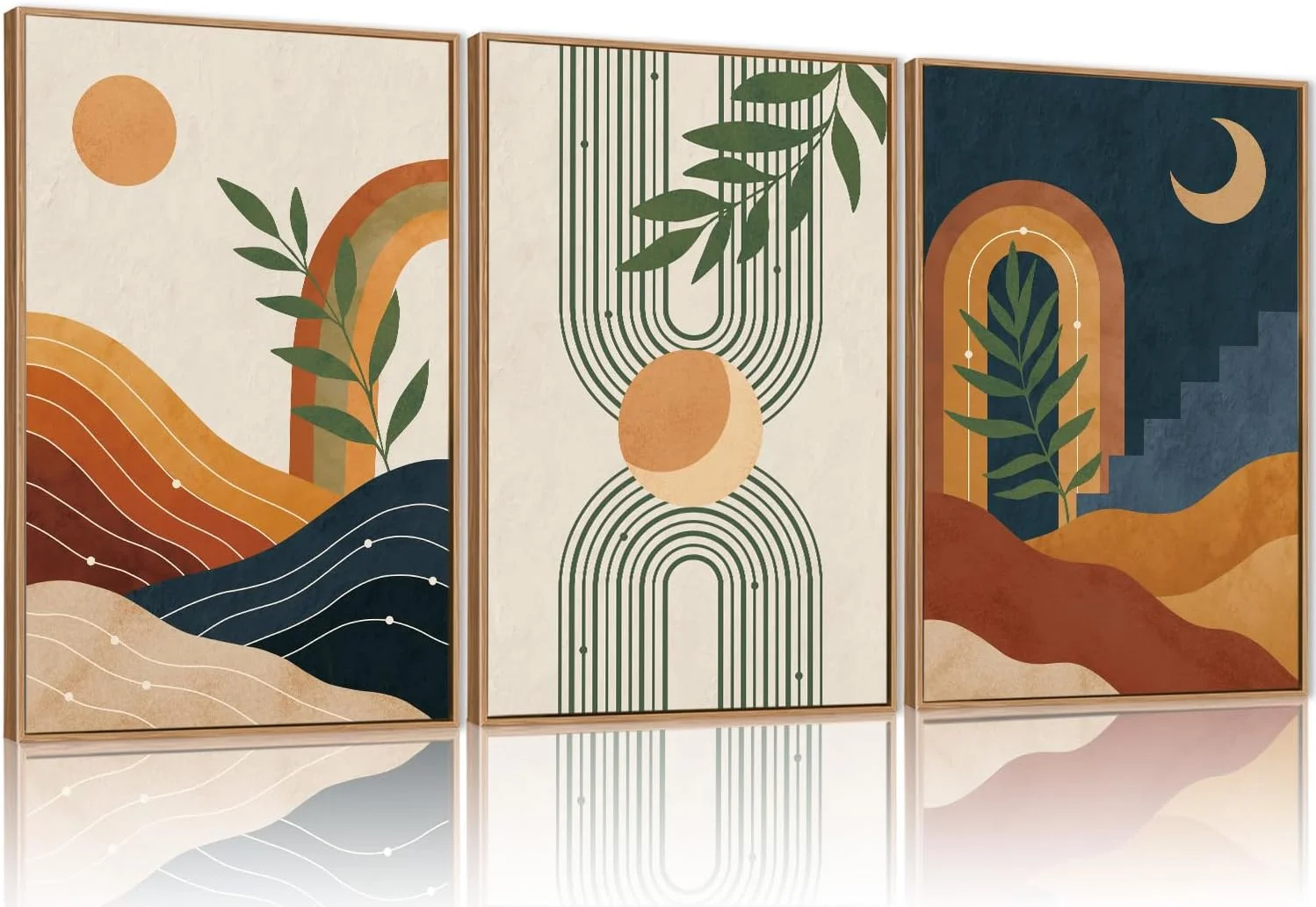 FWIEXA Mid Century Modern Wall Art Set of 3, Vintage Boho Framed Canvas Wall Decor, Minimalist Geometric Sun Moon Line W