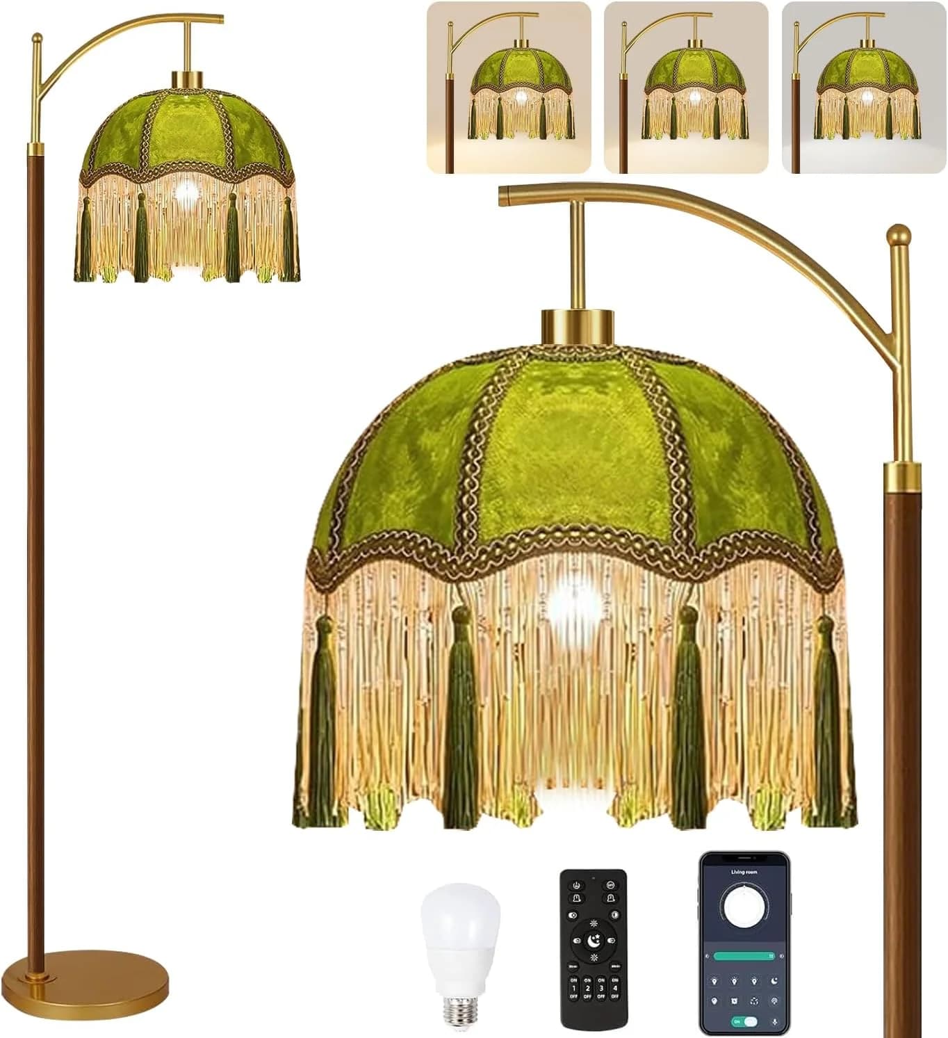 Green Floor Lamp for Living Room,Bedroom,Fringe Standing Lamp with Remote Dimmable, Victorian Mid Century Gold Arc Tall