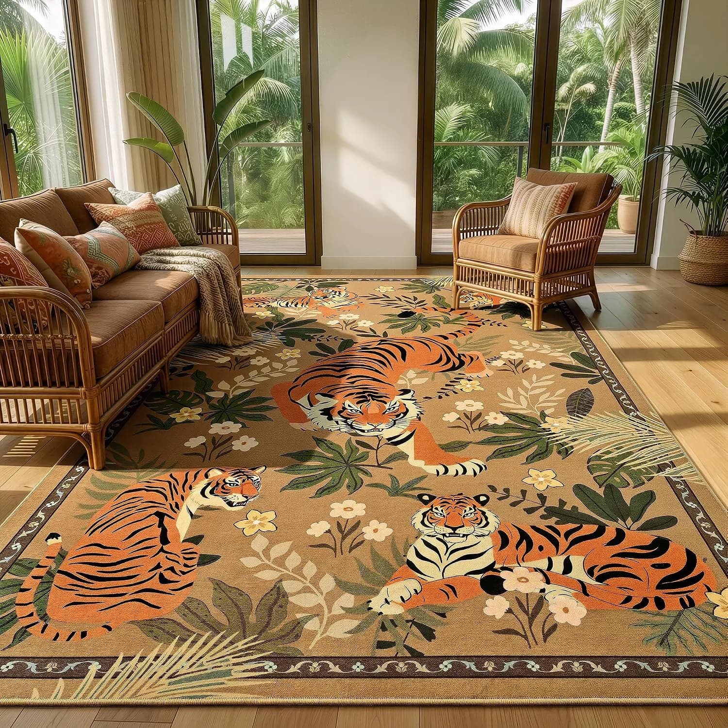 Zentavio Tiger Area Rug 6x9, Vintage Safari Animal Print Rug, Washable Non Slip Boho Camel Carpet for Living Room Bedroo