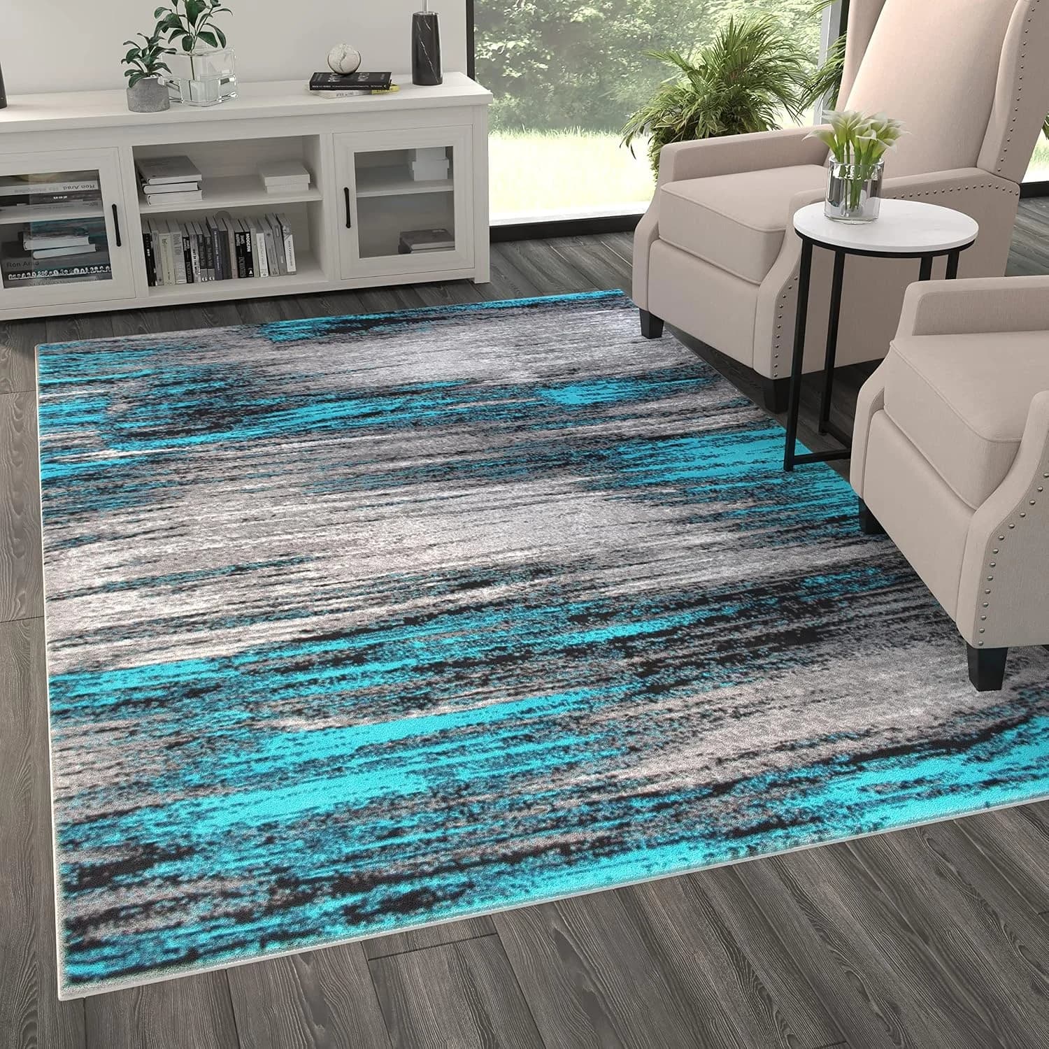 Masada Masada Rugs Trendz Collection 6'x9' Modern Contemporary Area Rug in Turquoise, Gray and Black - Design Trz863