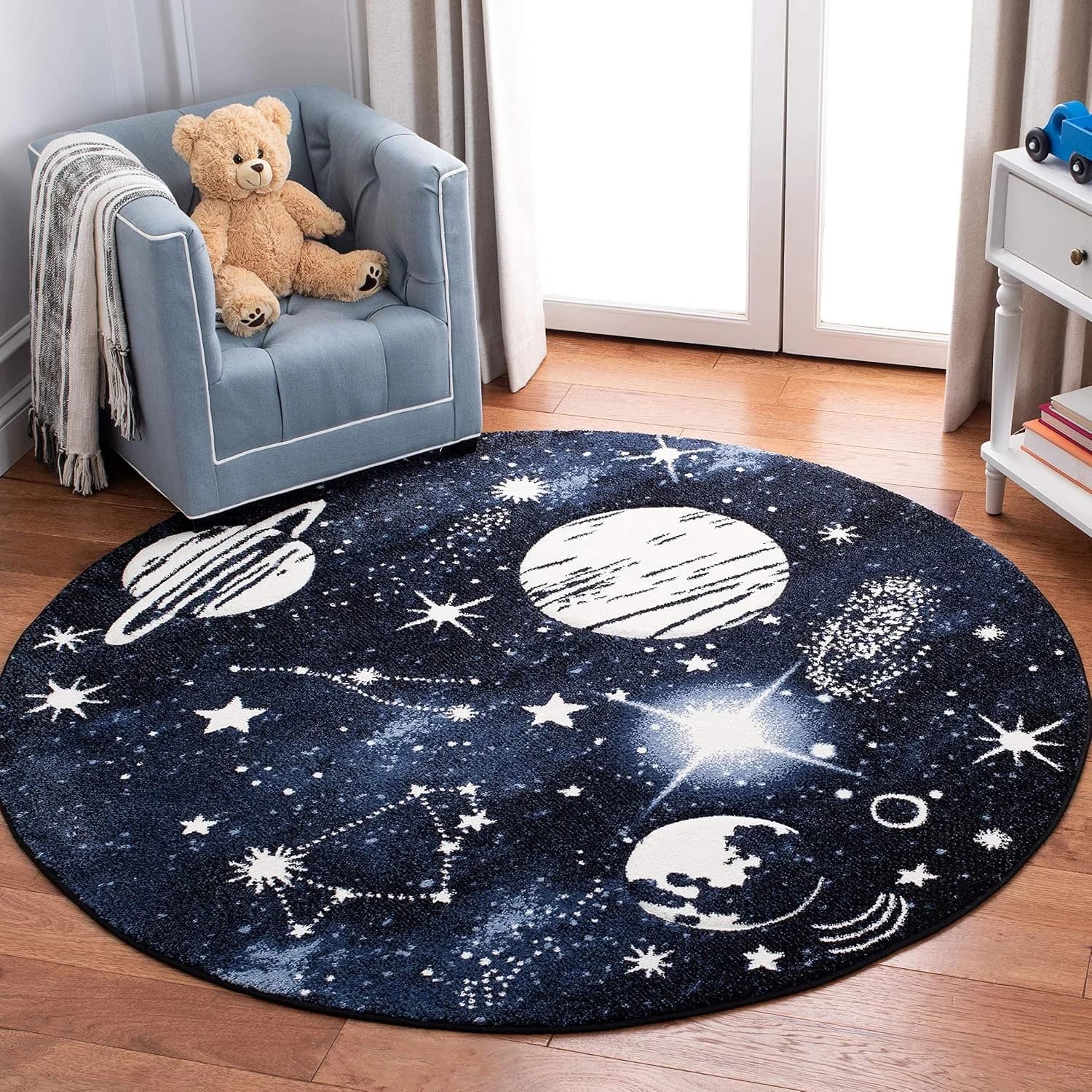 SAFAVIEH Carousel Kids Collection 3' Round Dark Blue/Light Blue CRK122M Outer Space Non-Shedding Nursery Playroom Area R