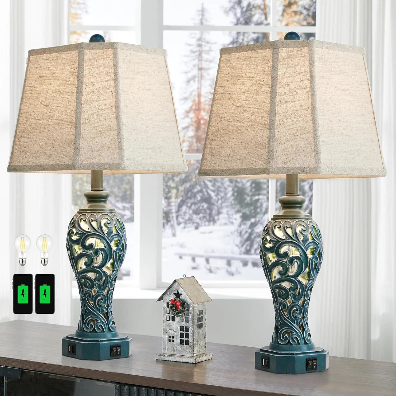 25'' Farmhouse Table Lamps Set of 2 for Bedroom with USB C+A Ports