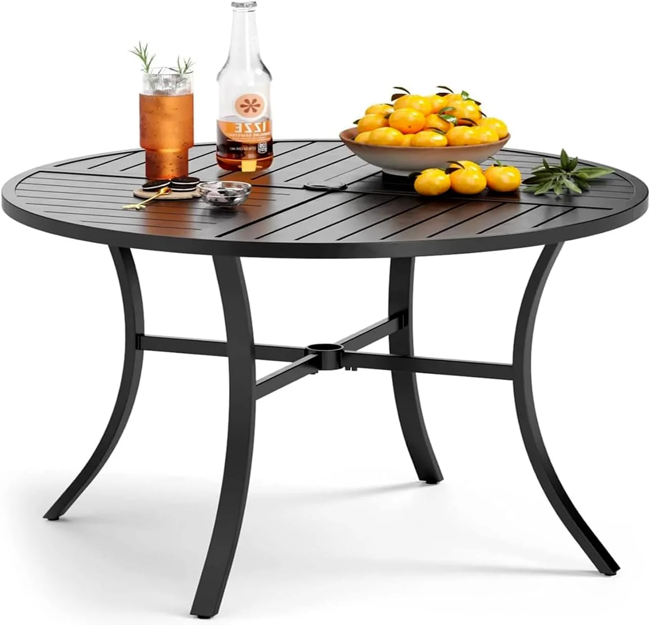 PHI VILLA Patio Round Table w/Umbrella Hole, Metal Table for 4, Black