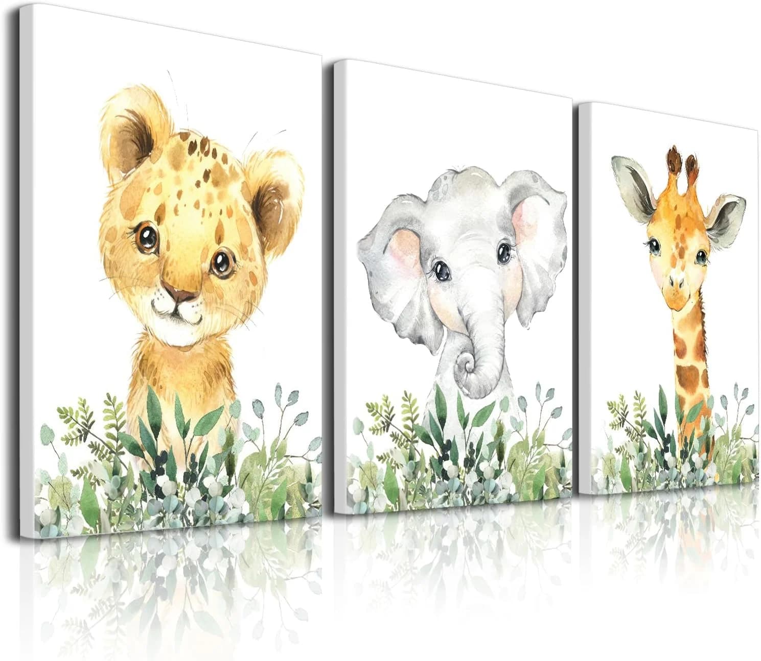 Baby Safari Nursery Wall Decor - Set of 3 Pictures Cute Animal Wall Prints on Canvas Jungle Nursery Safari Decor Gifts f