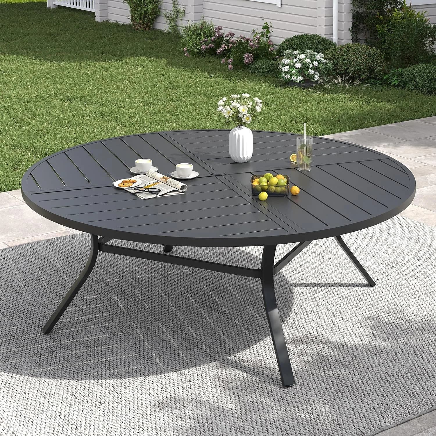 VICLLAX 63" Round Patio Table w/Umbrella Hole, Metal Dining Table for 8