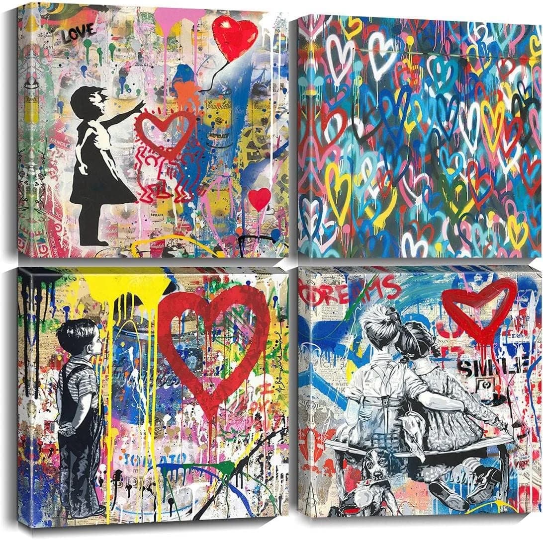 Biufo Banksy Canvas Wall Art Prints Pop Graffiti Street Art Pictures for Bedroom Living Room Wall Decor (12"x12"x4Pcs)