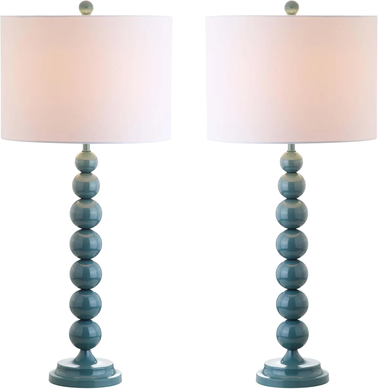 SAFAVIEH Lighting Collection – Jenna Set of 2 Marine Blue Stacked Ball Table Lamps with White Drum Shades, 32-Inch Moder