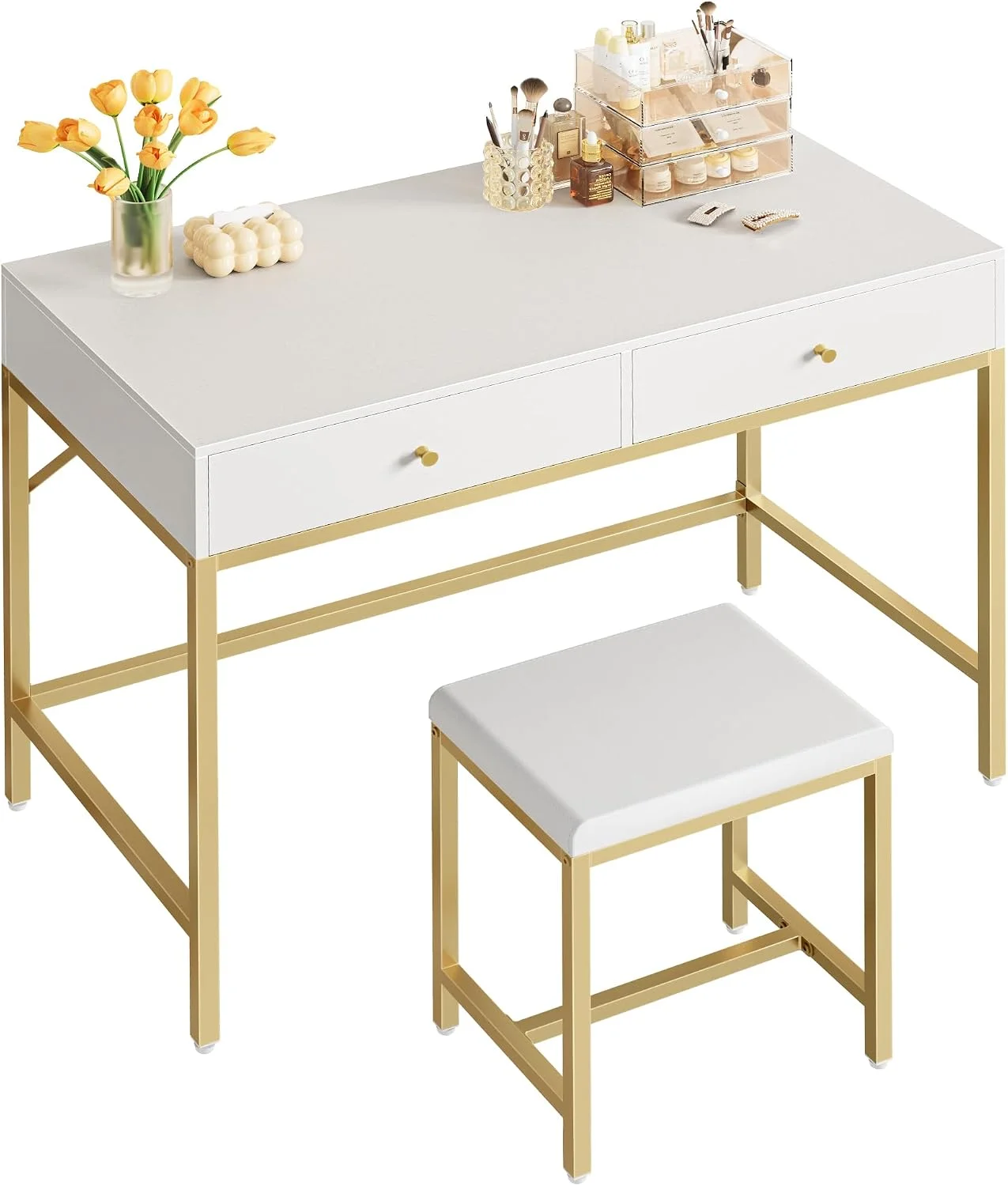 SUPERJARE 35.4" White and Gold Desk with 2 Drawers, Modern Makeup Vanity