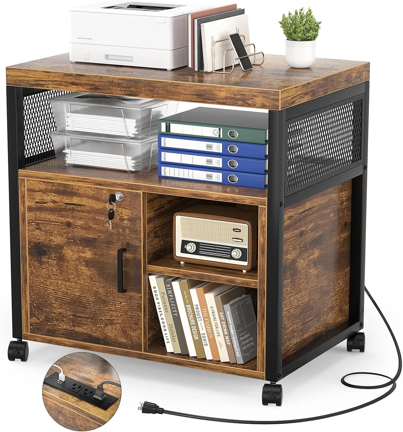 Unikito Rolling File Cabinet, Lateral Filing Cabinet on Wheels Mobile Office Printer Stand with Door and Open Storage Sh