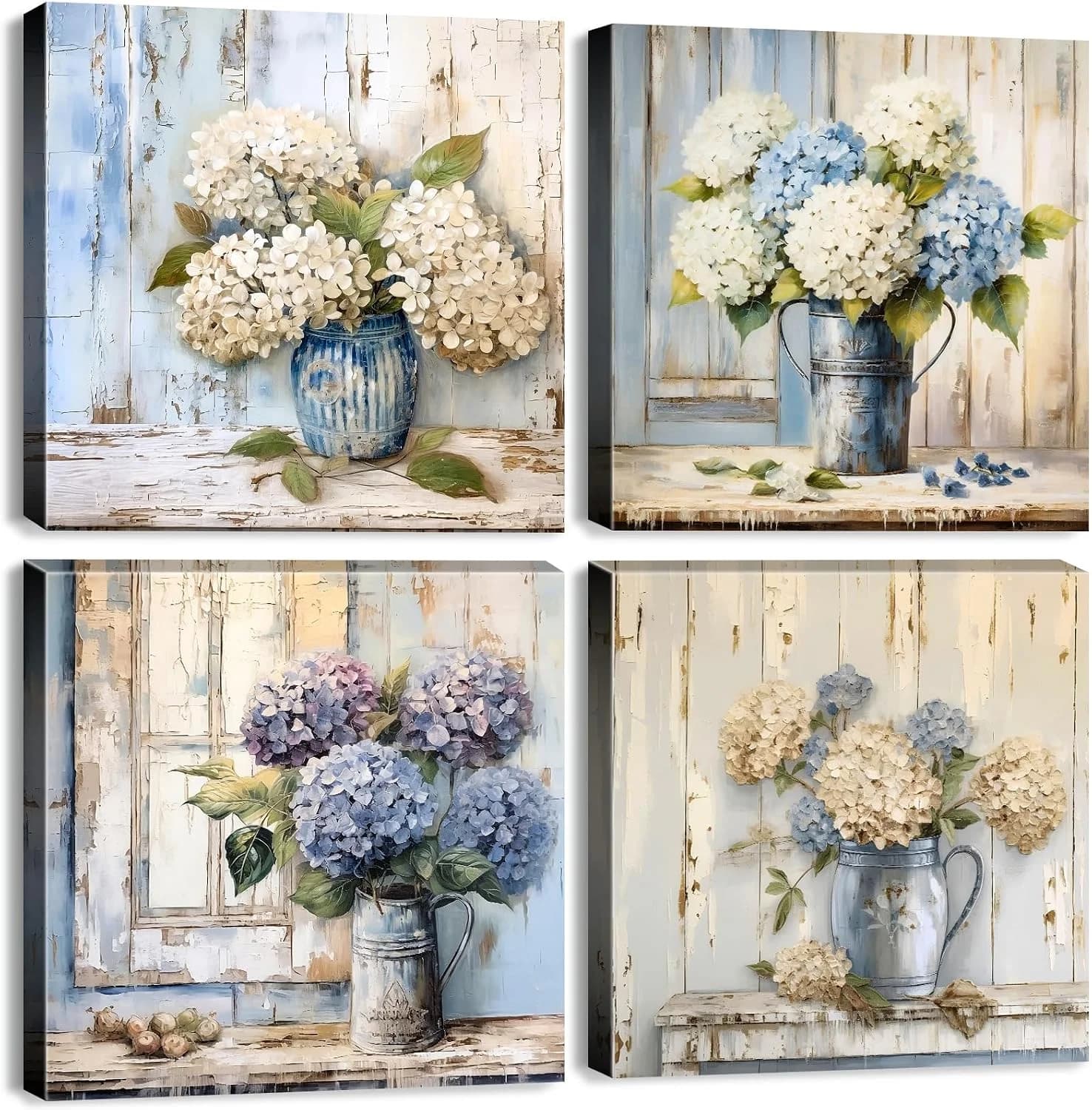 Blue Hydrangea Wall Art Vintage Farmhouse Flowers Pictures Bathroom Wall Decor Blossom Floral Painting Abstract Nature B