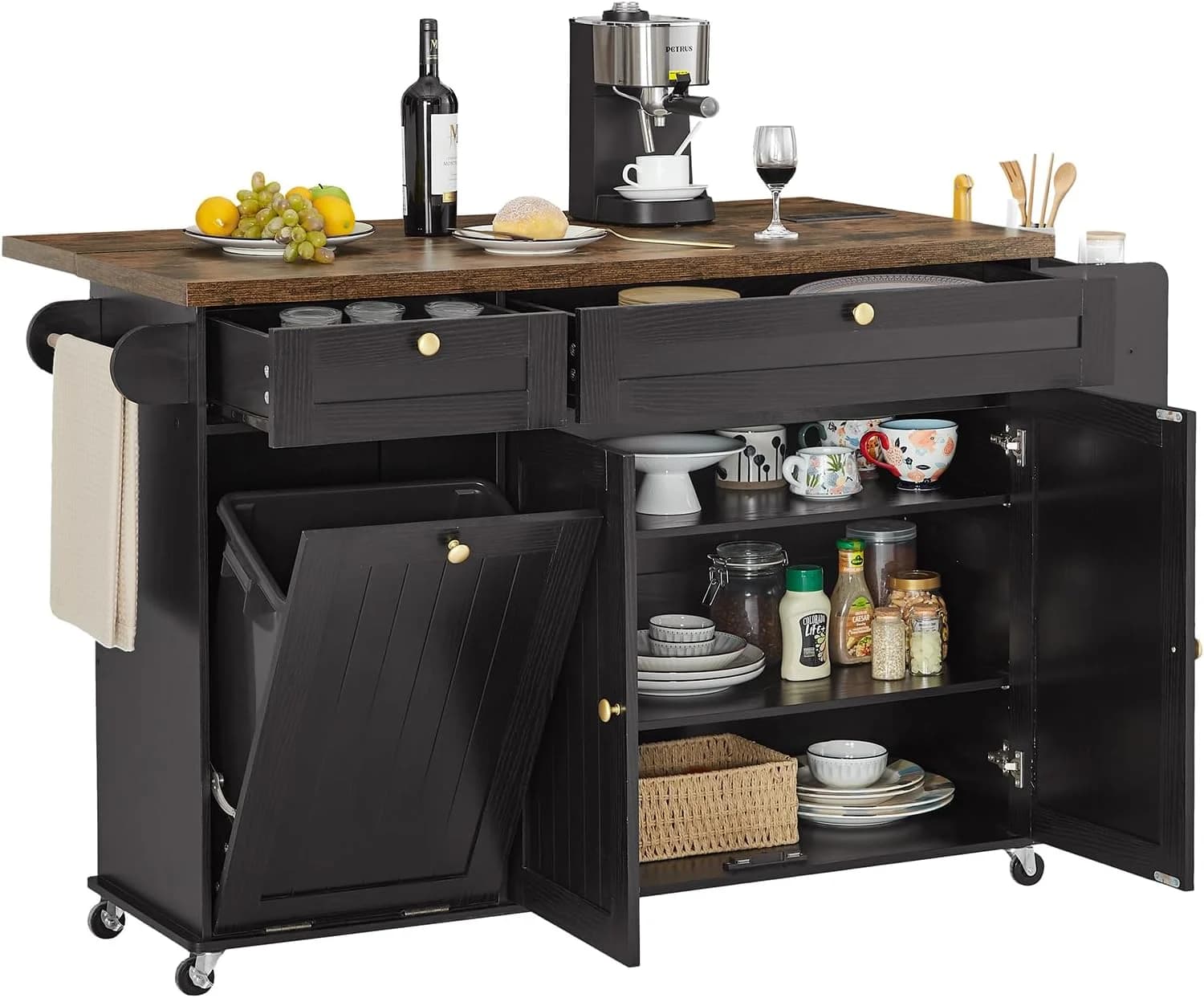 ONBRILL 60" Kitchen Island with Trash Can Storage, Black+Rustic Brown