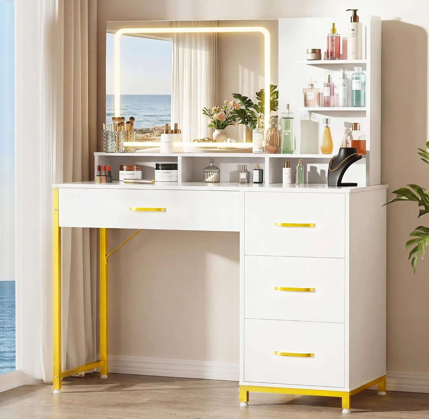 COMHOMA Vanity Desk with Mirror and Lights, Makeup Vanity Table with 4 Drawers & Storage Shelves, Large HD Mirror, 3 Col