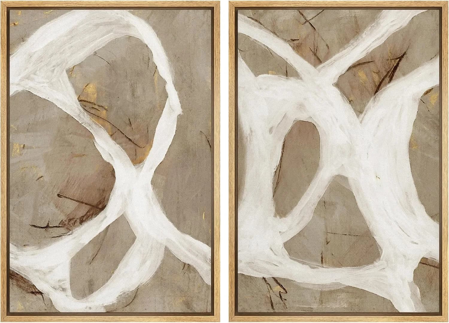SIGNFORD Framed Canvas Print Wall Art Set Abstract White and Beige Brushstrokes on Neutral Illustrations Modern Art Deco