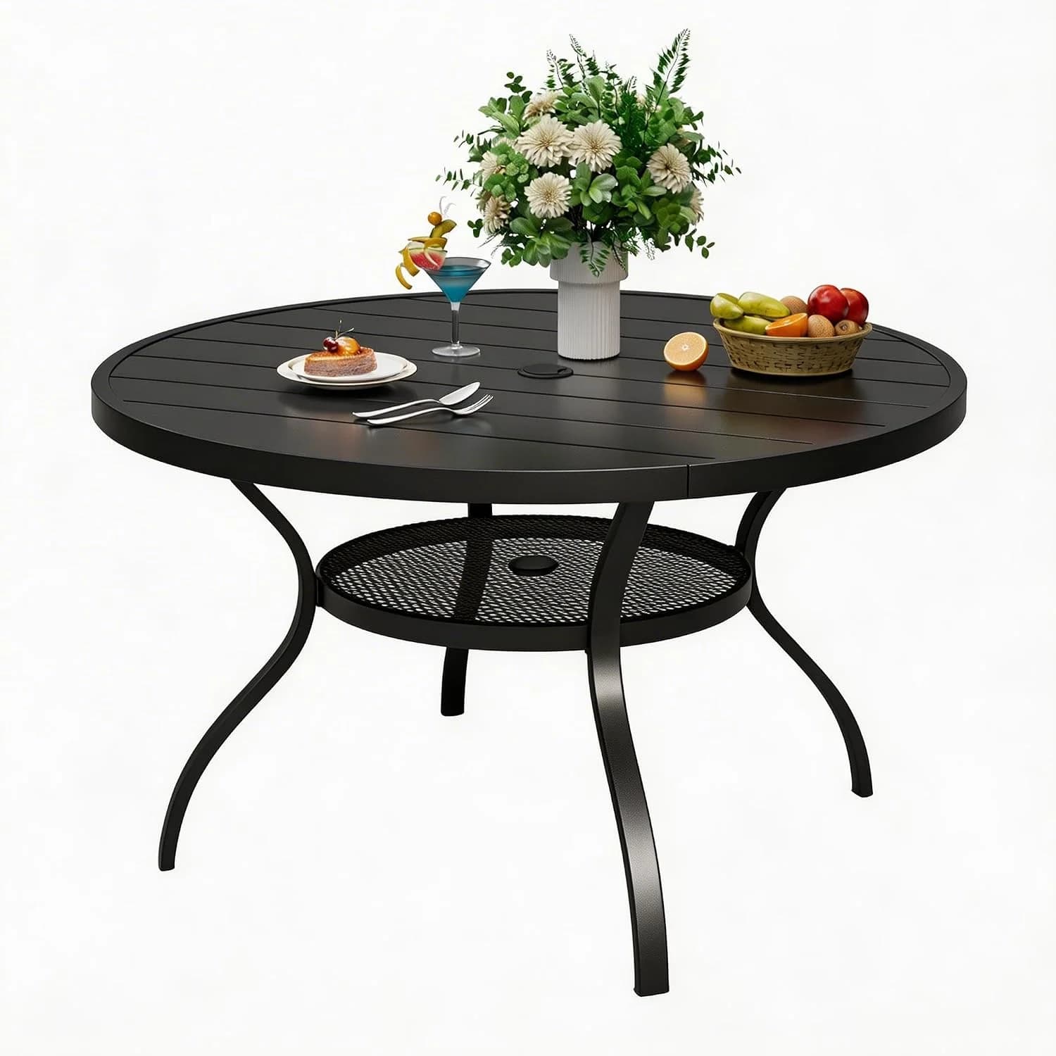 Incbruce Patio Dining Table, 41" Round Table Metal Steel Slat Table with 1.57" Umbrella Hole, for Backyards, Porches, Ga