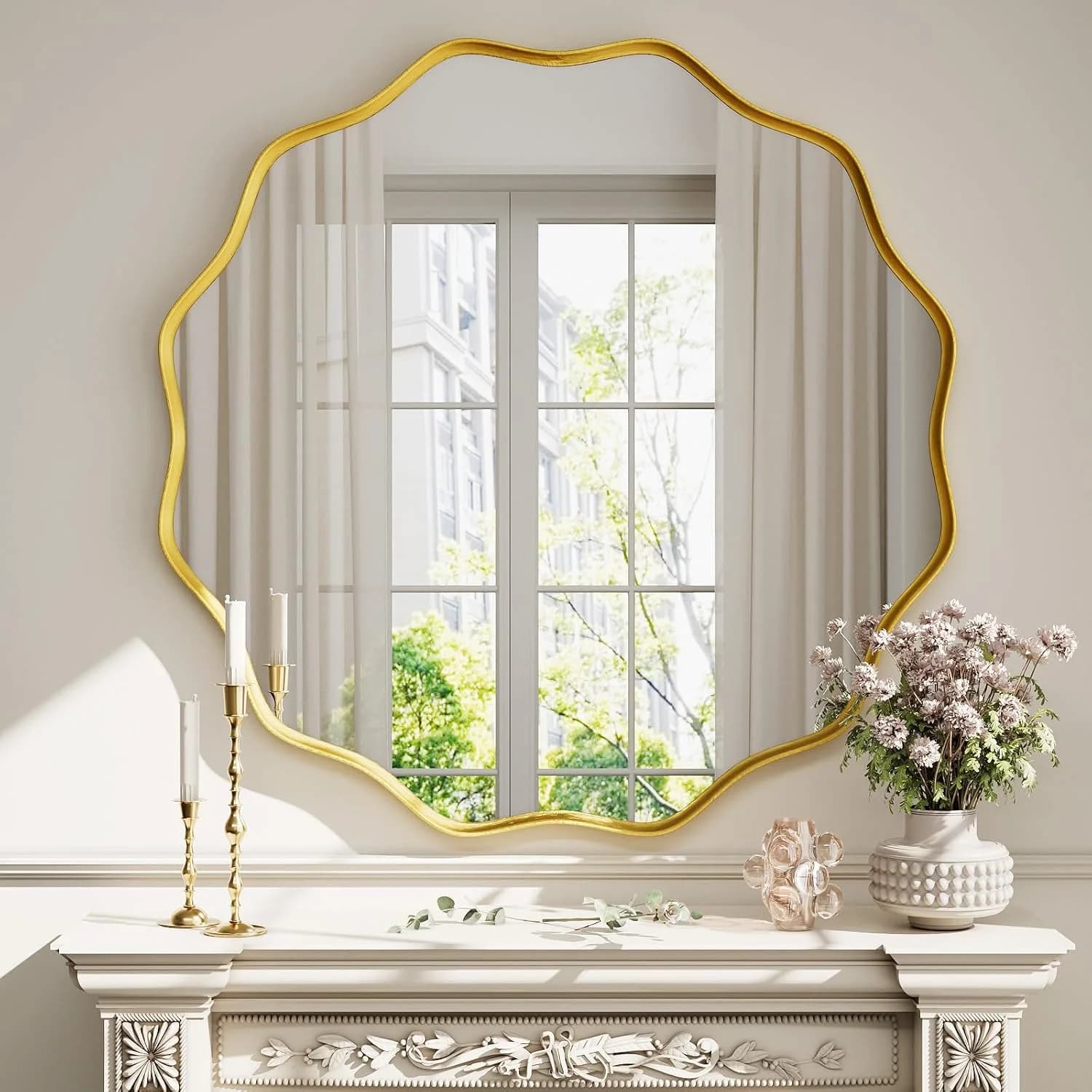 Round Wavy Mirror 42 Inch Bathroom Vanity Mirror Metal Frame Circle Wall Mounted Mirror for Bedroom Living Room Entryway