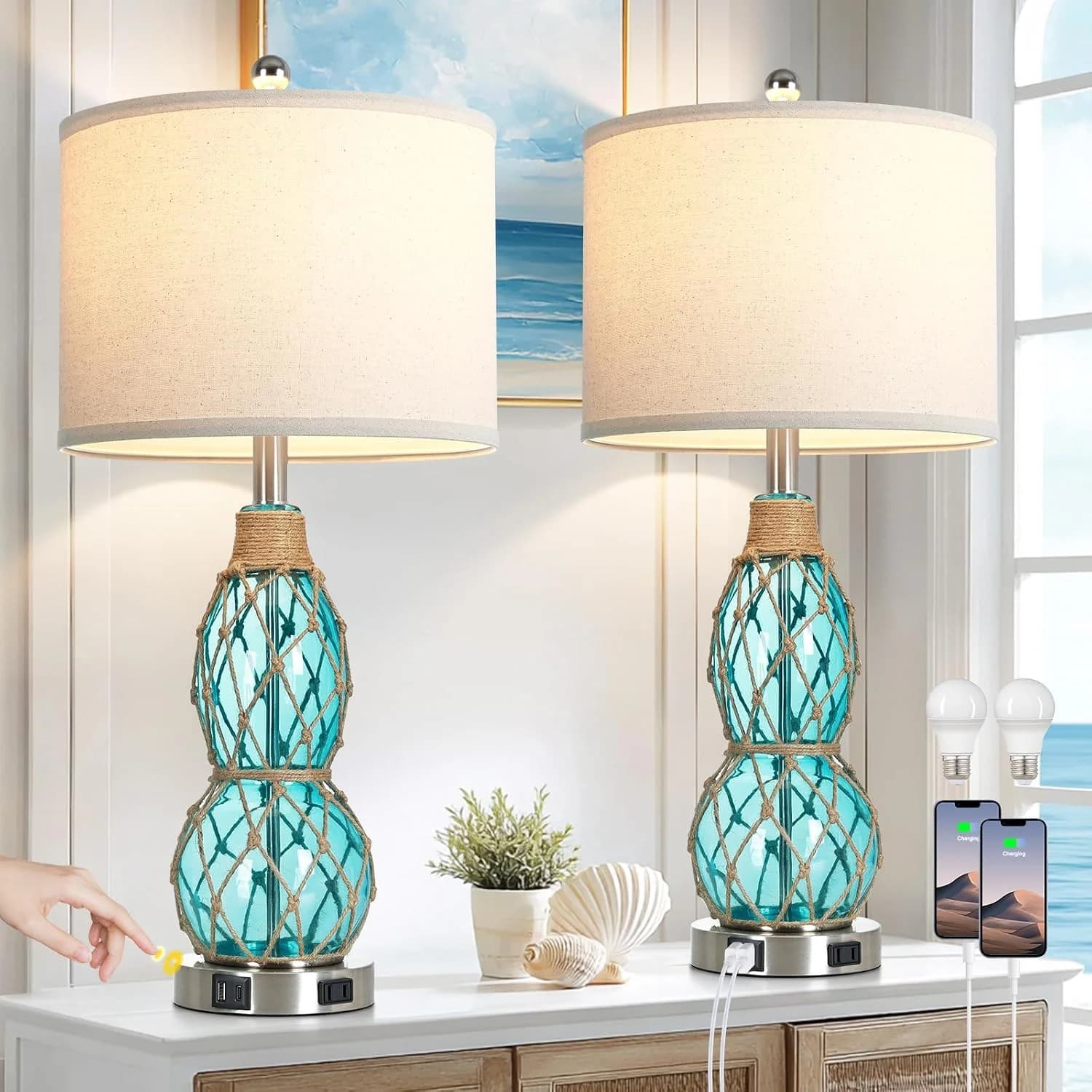 Rinweey 26" Coastal Glass Table Bedside Lamps Set of 2, 3-Way Dimmable Touch Lamps with USB Ports and AC Outlet, Nautica