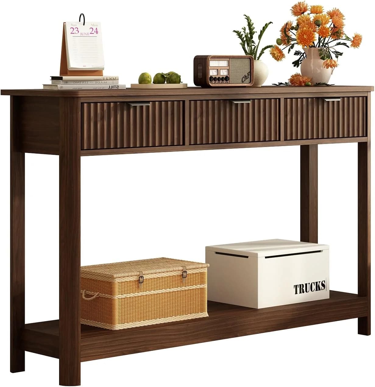 RUSTOWN Fluted Wood Console Table with 3 Drawers, 47.2" Boho Entryway Table
