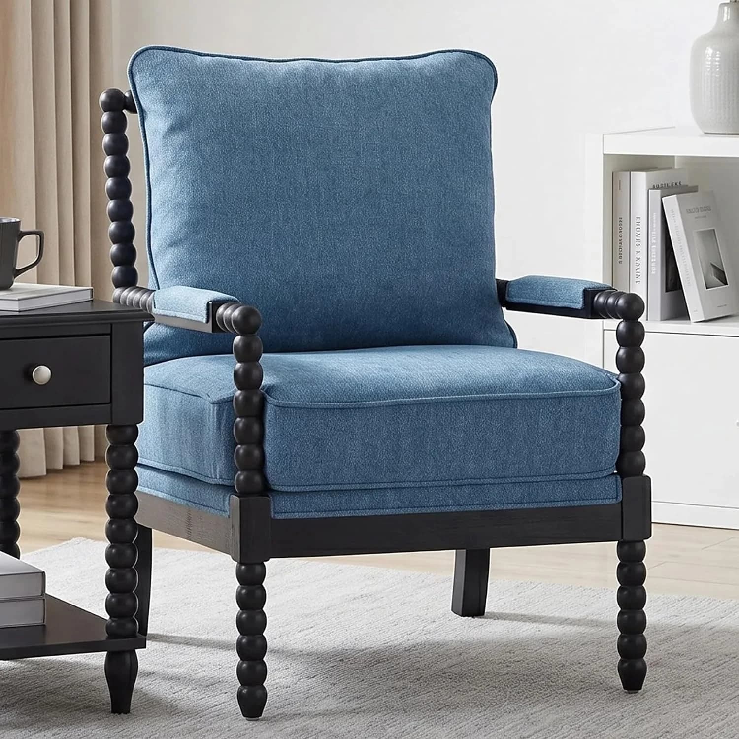 DUHOME Linen Fabric Spindle Accent Chair with Wood Frame,Modern Accent Spool Chairs with Padded Spring Seat and Brushed
