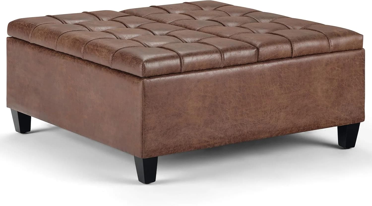SIMPLIHOME Harrison 36" Wide Vegan Leather Lift Top Ottoman in Saddle Brown