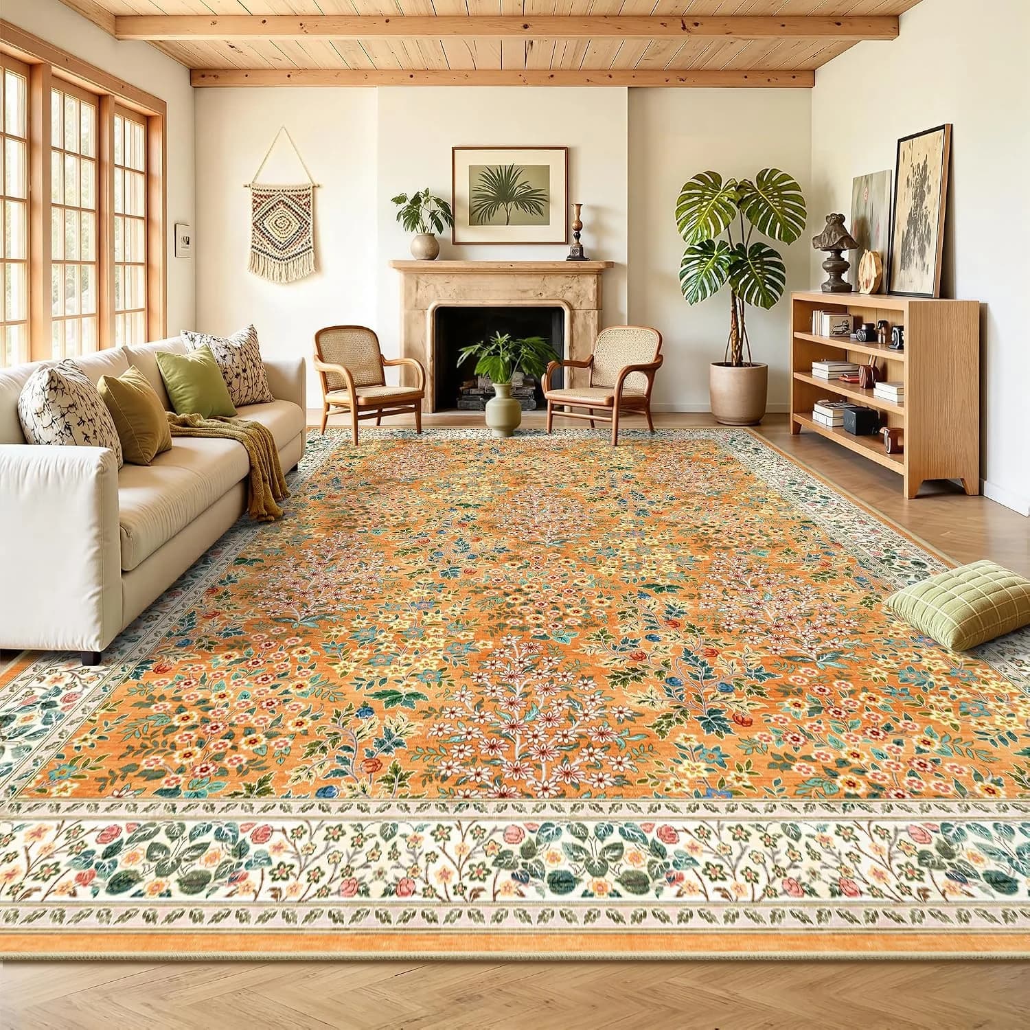 8x10 Area Rugs, Machine Washable Low Pile Floral Rugs for Living Room, Bedroom, Large Boho Area Rug with Non-Slip Backin