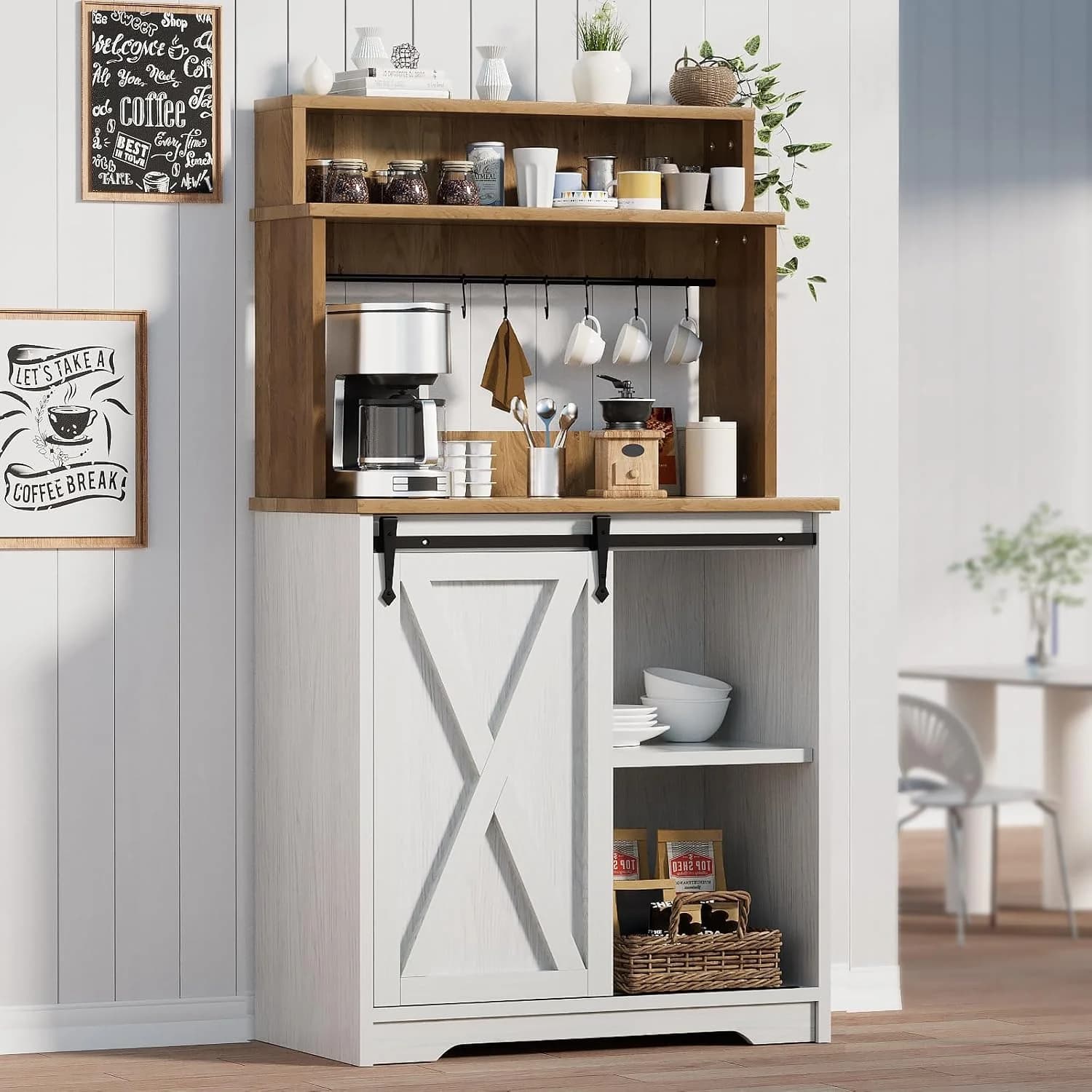 BestHaped Farmhouse Coffee Station with 3 Tier Storage Hutch & 6 Hooks - 56 Inch Small Coffee Bar Table with Adjustable
