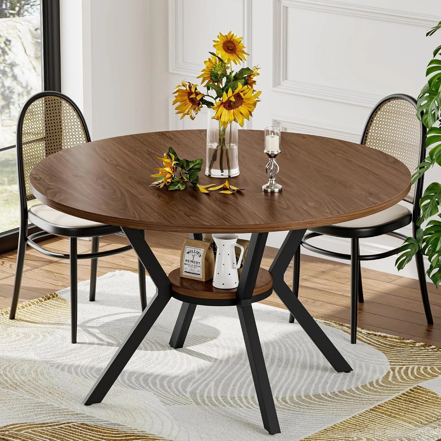 42" Round Dining Table for 4, Farmhouse Kitchen Table with Storage, Space Saving Circle Dinner Table, Rustic Wood Kitche