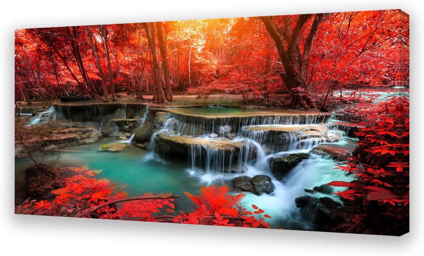 Muolunna BK03950 Wall Art Decor Canvas Print Picture Red Forest Waterfalls 1 Piece Modern Landscape Tree for Living Room