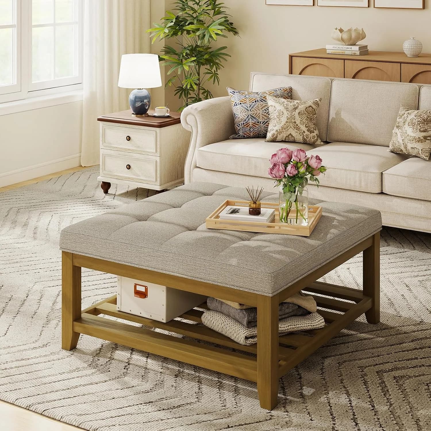 Befurtori Large Square Ottoman Coffee Table, Linen Solid Upholstered Footrest Ottoman with Solid Wood Shelf Storage Tuft