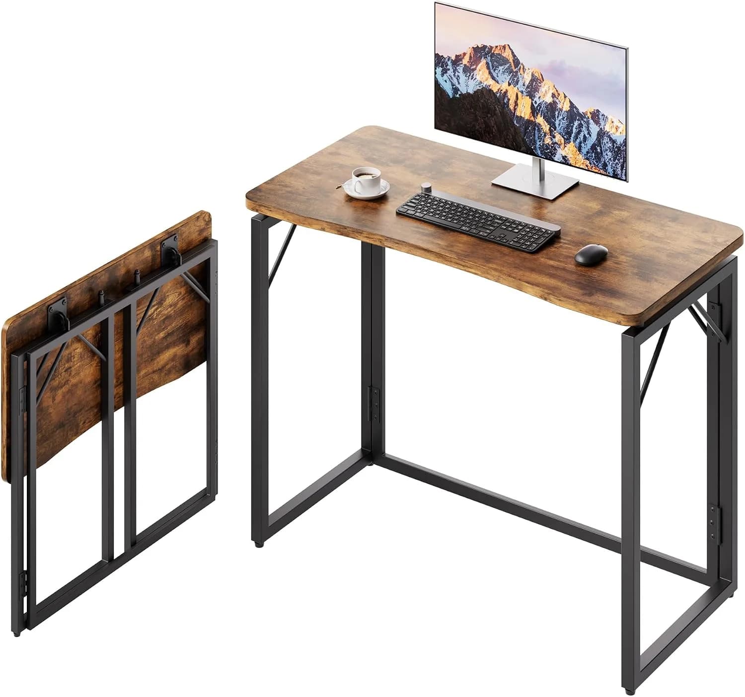 JOYMOOP 31.5" Rustic Brown Folding Desk No Assembly, Wooden Top, Small Size
