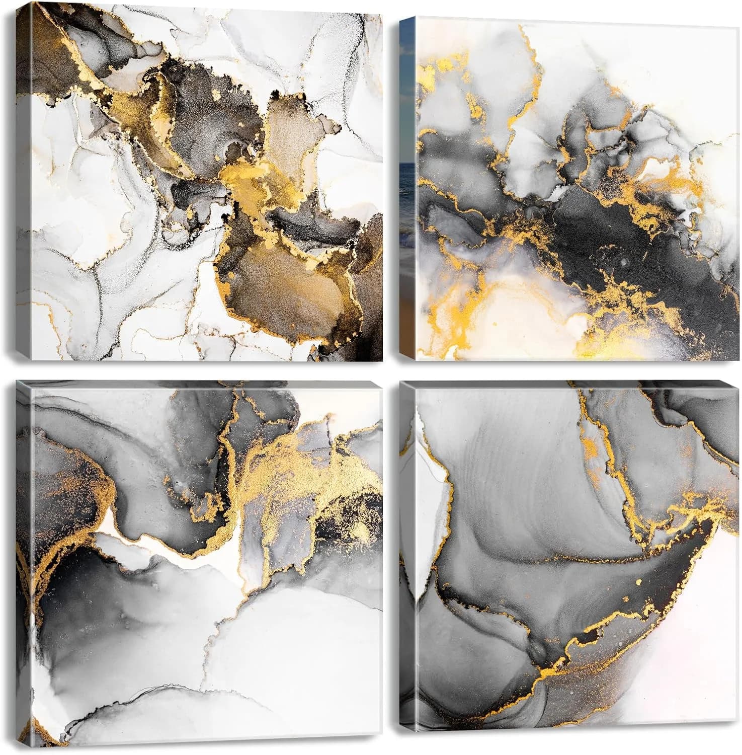 Abstract Marble Wall Art for Bathroom Black and Gold Pictures Wall Decor 4P