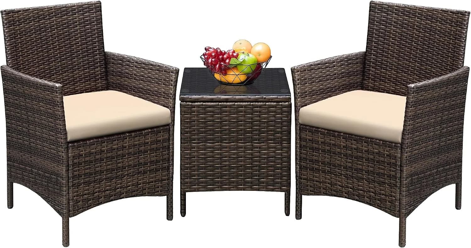 Greesum 3 Pieces Patio Furniture Sets Outdoor PE Wicker Chairs,Beige