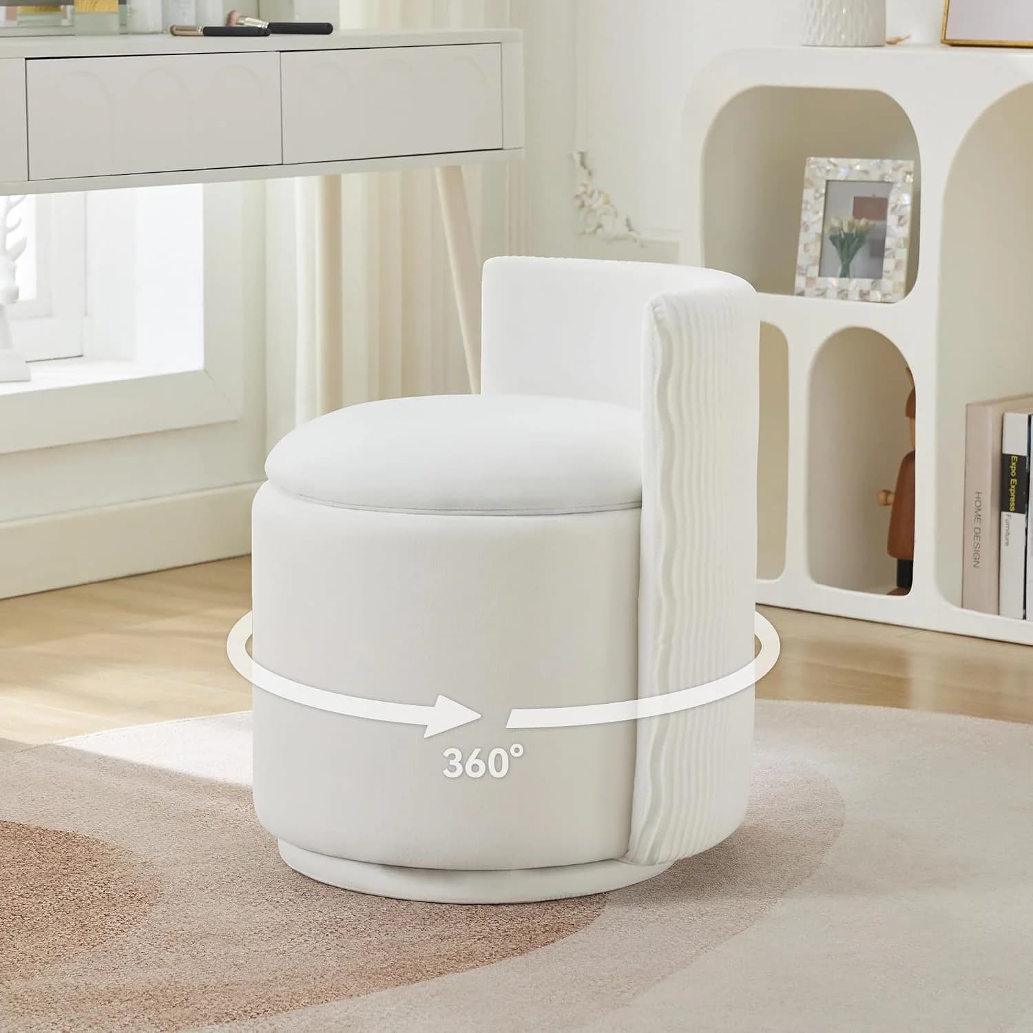 WUTUTUEE Velvet Vanity Chair with Storage, 360° Swivel Makeup Chair with Wave Back, No Assembly Small Accent Stool for B