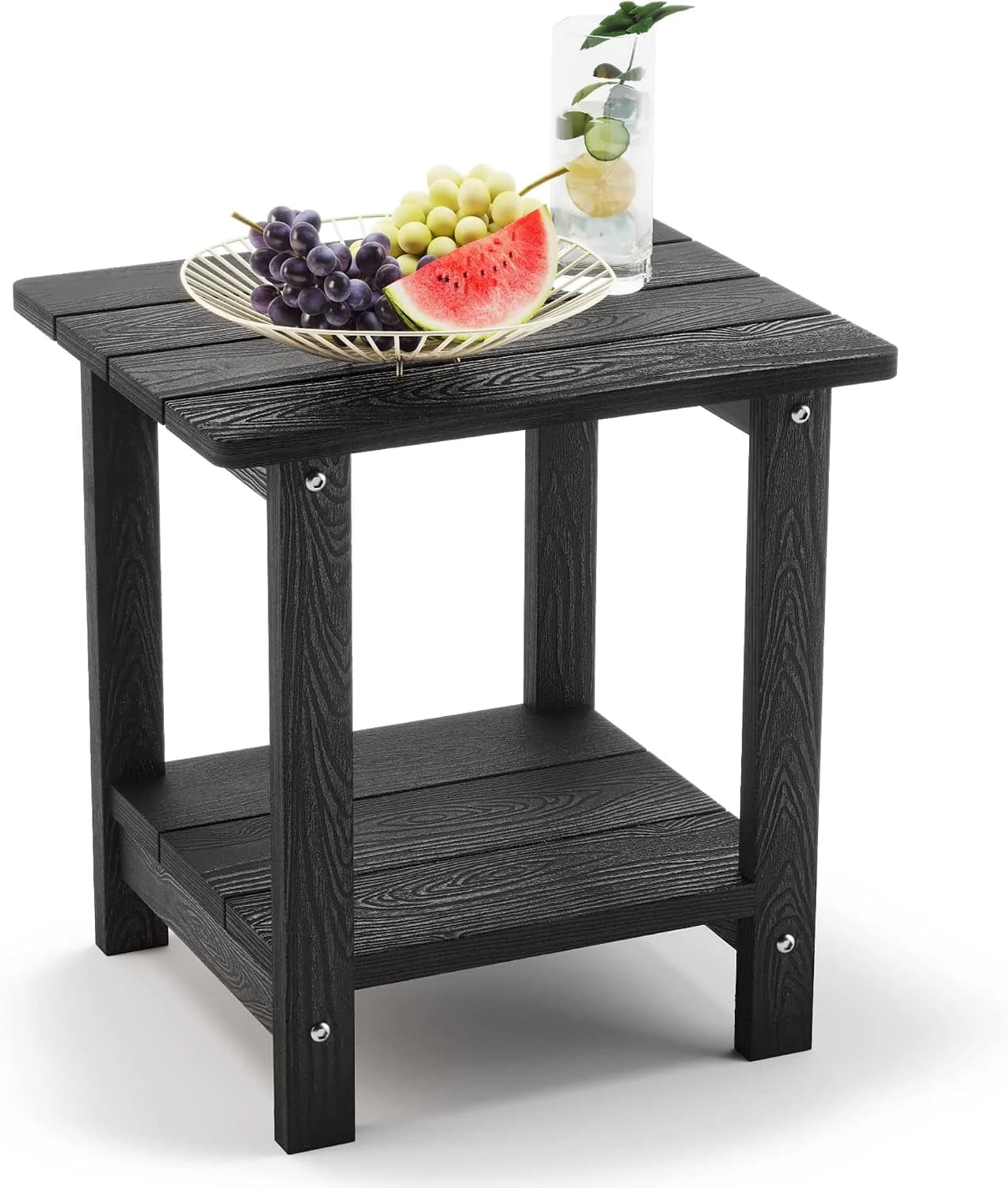 LUE BONA Outdoor Side Table, 2-Tier HDPS Small Patio Table, Black