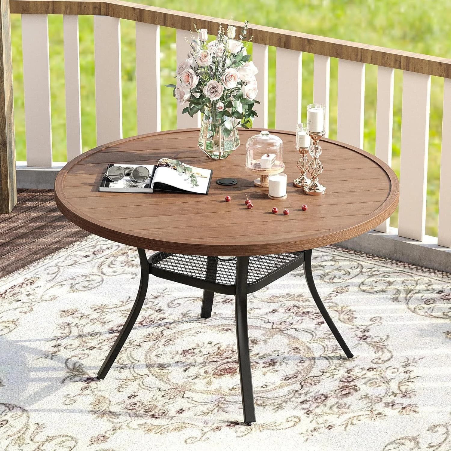 VICLLAX 47.2" Round Patio Table for 6, All Weather Metal Outdoor Dining Table with Adjustable Umbrella Hole, Walnut Wood