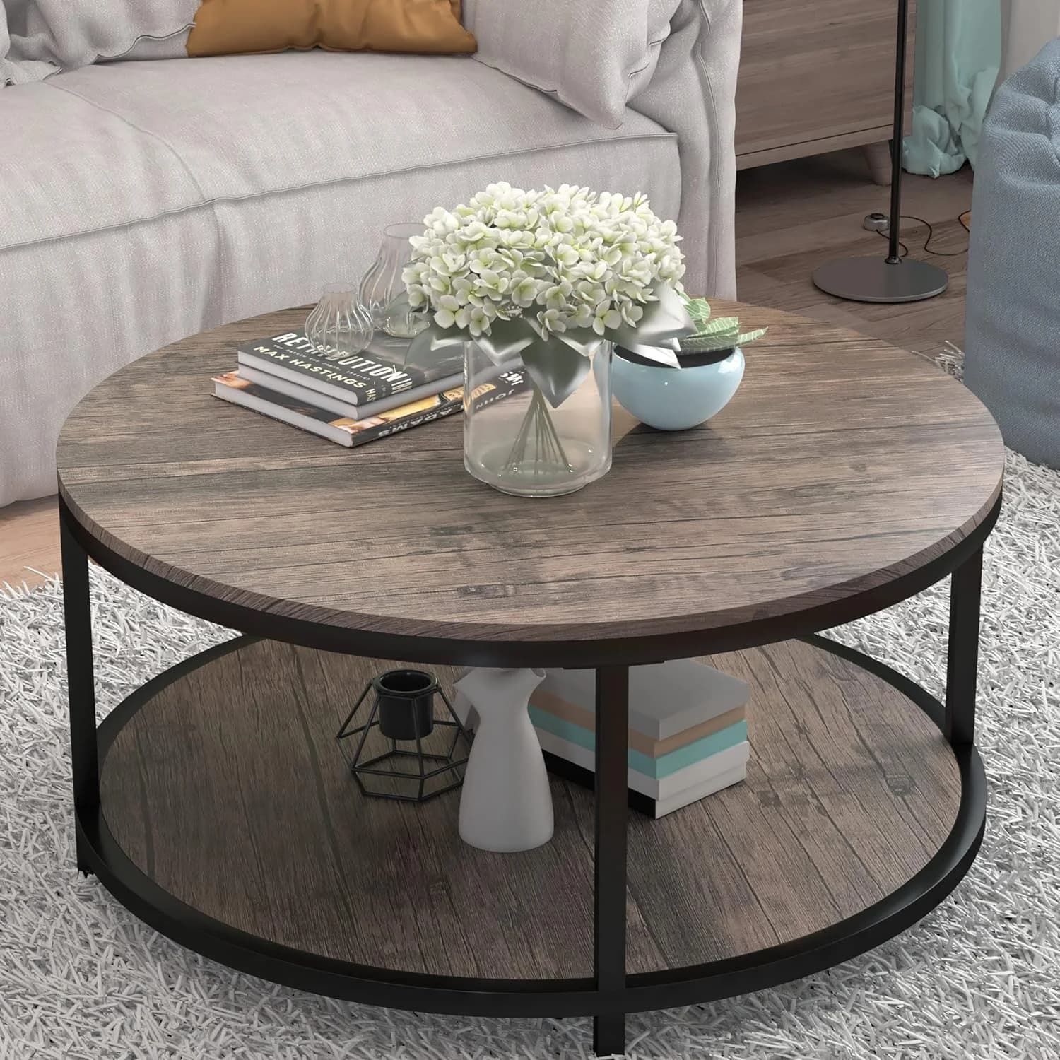 NSdirect Round Coffee Table, 36” Coffee Table for Living Room, 2-Tier Wood Desktop & Sturdy Metal Legs Table Home Furnit
