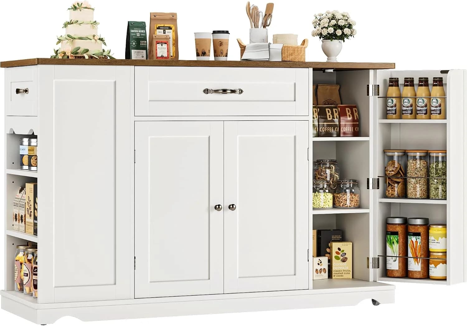HOSTACK 47" W Kitchen Island Cart with Storage, Rolling Island Table, White