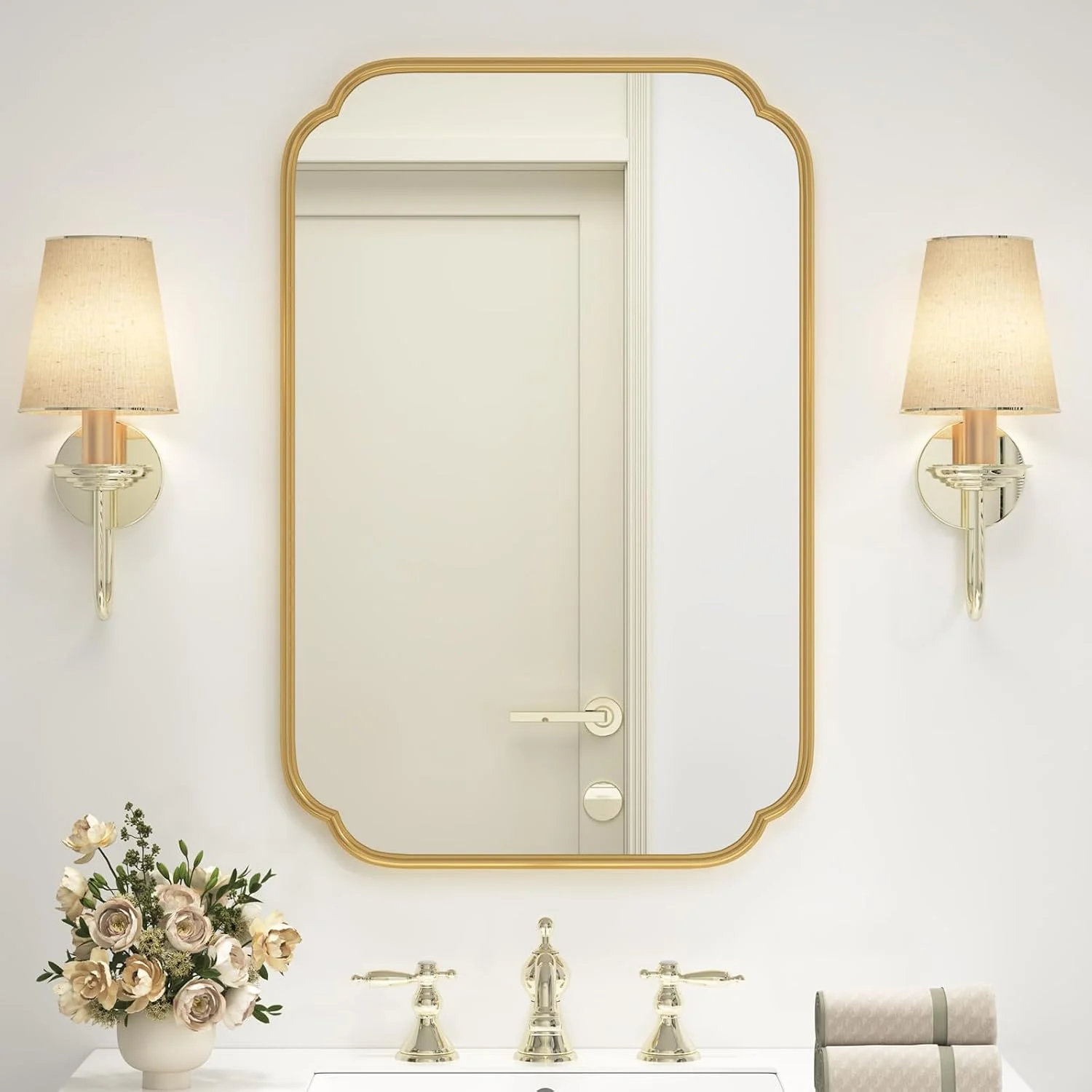 SMIROR 24x36 Gold Scalloped Corner Bathroom Vanity Mirror for Wall
