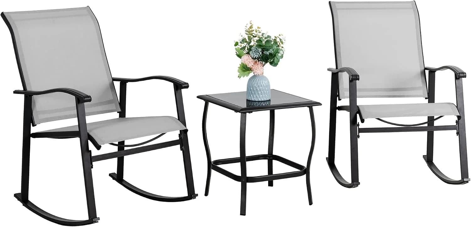 Vongrasig 3 Piece Outdoor Rocking Bistro Set, Textilene Fabric Small Patio Furniture Set, Front Porch Rocker Chairs Conv
