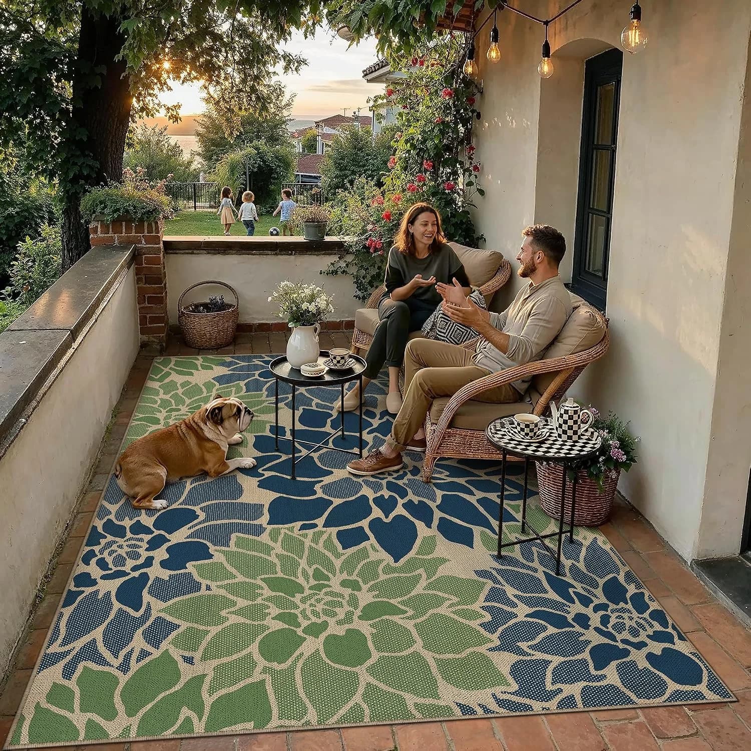 PureCozy 5x7 Navy Green Easy Jute Outdoor Rug Floral Farmhouse Carpet
