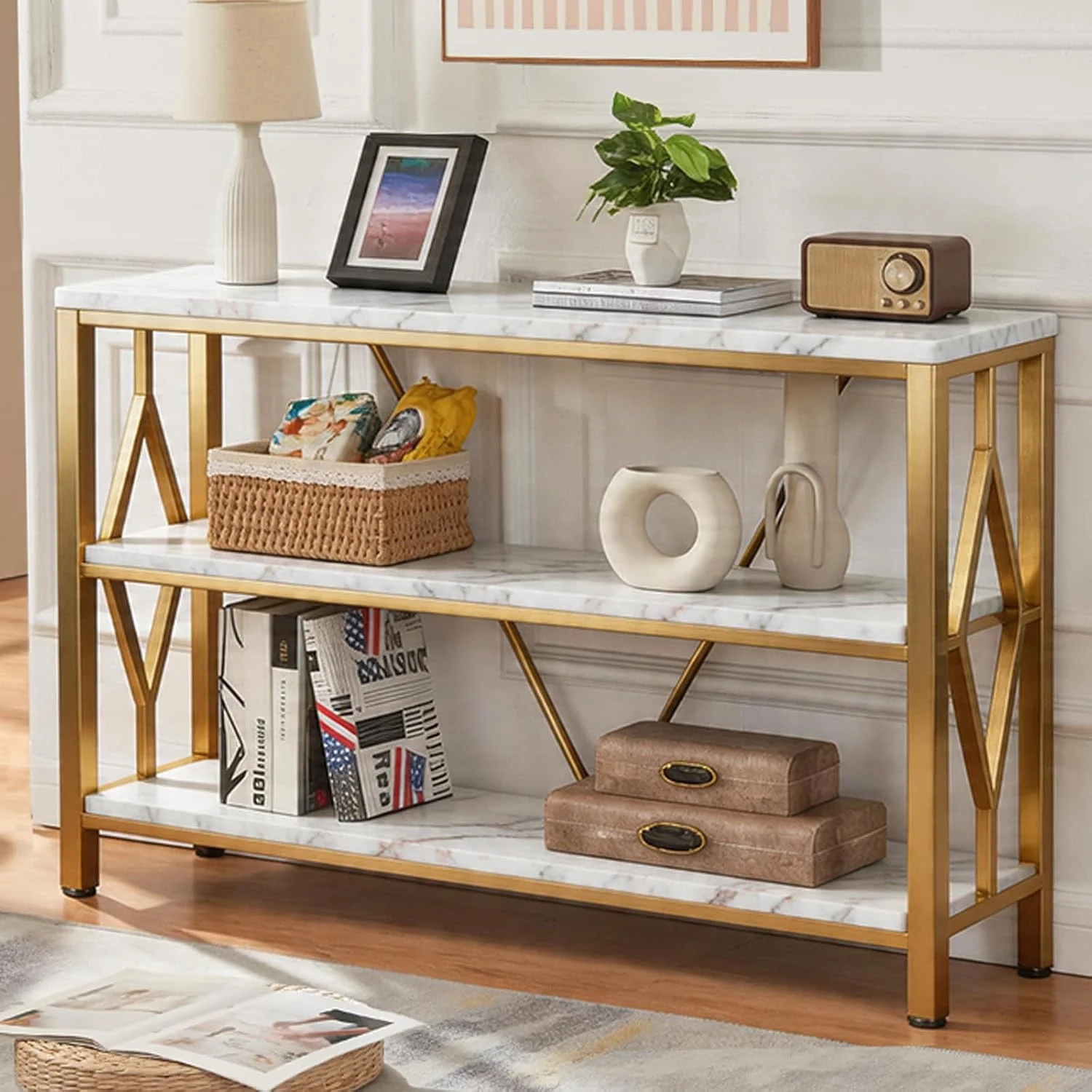 HOMISSUE Sofa Console Table, Rustic Console Table with 3-Tier Storage, Engineered Wood Sofa Tables with Open Shelves, He