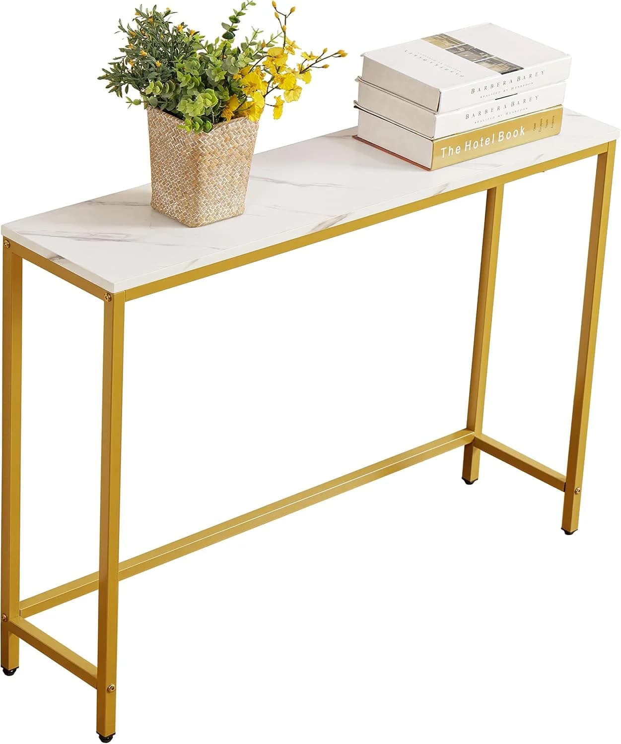 loglus Small Console Table for Entryway, Faux Marble MDF Sofa Table with Golden Frame, Single Layer, White Marble, 9.45"
