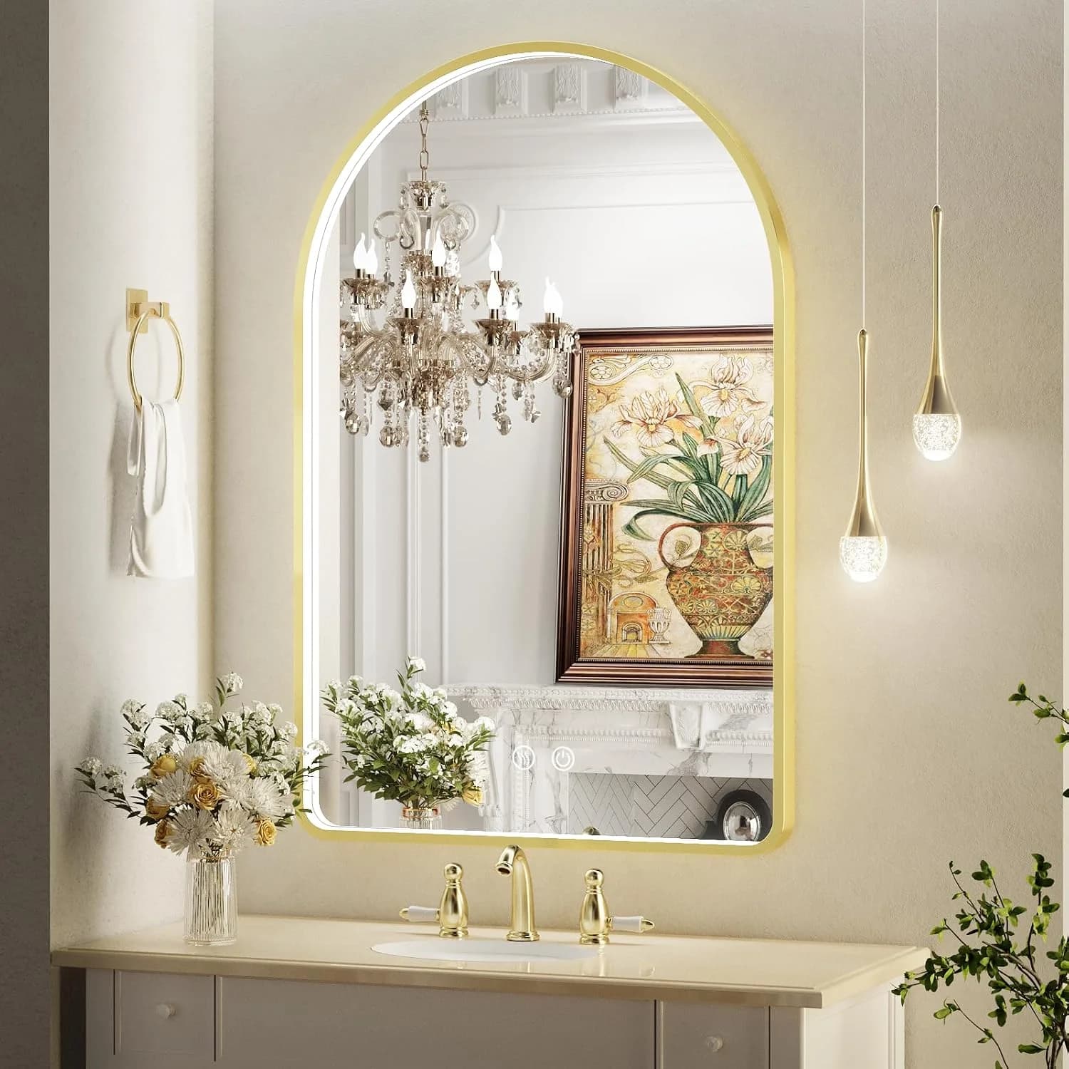 24X36 Inch Gold Framed Arched LED Lighted Bathroom Mirror,3 Color