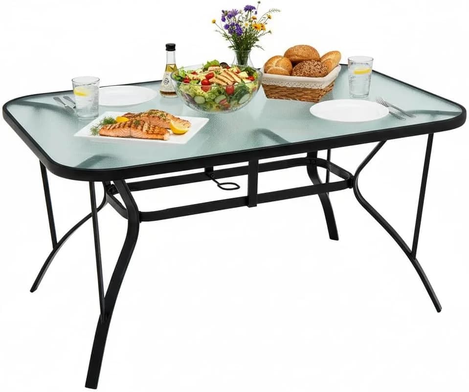 Tangkula 55" Patio Dining Table for 6, Rectangle Outdoor Dining Table with Tempered Glass Tabletop, Umbrella Hole & Meta