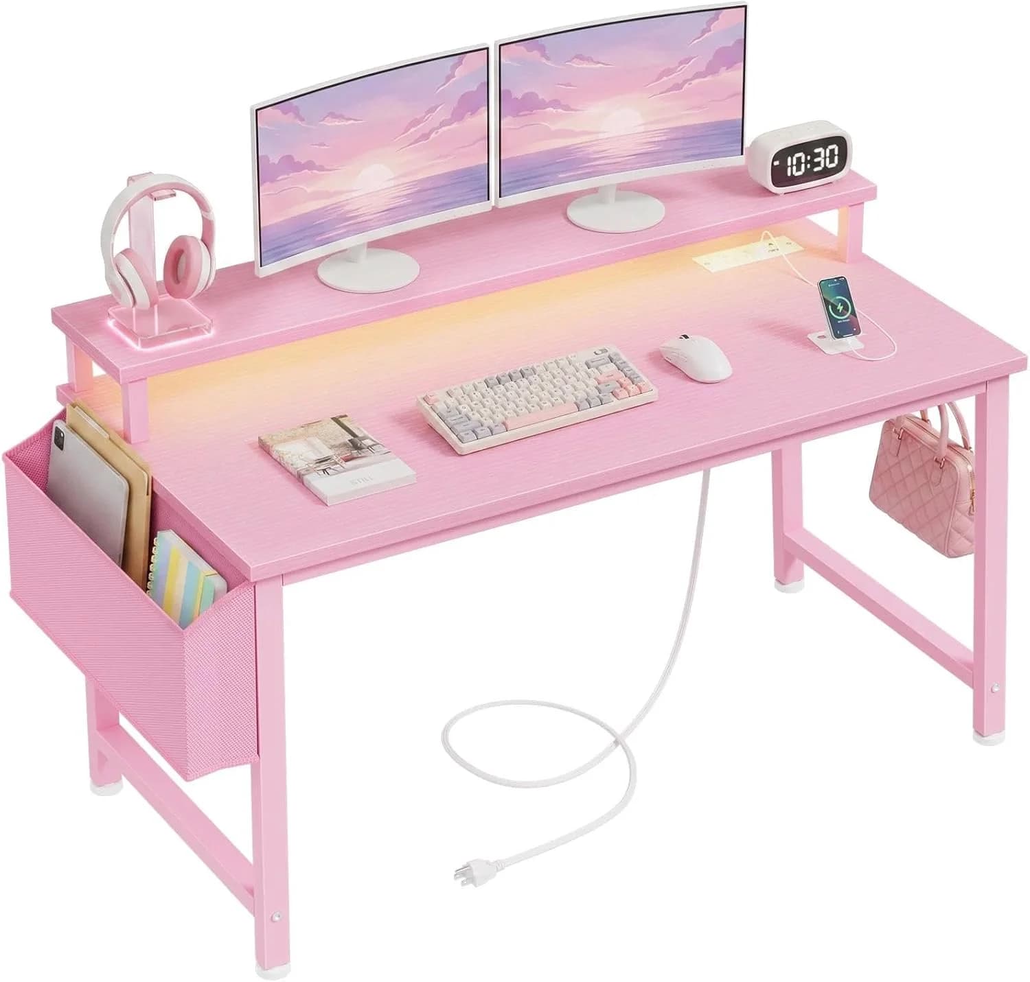Lufeiya Girls Desk with Power Outlets and LED Lights, 40 Inch Gaming Desk Table with Charging Station, Home Office Compu