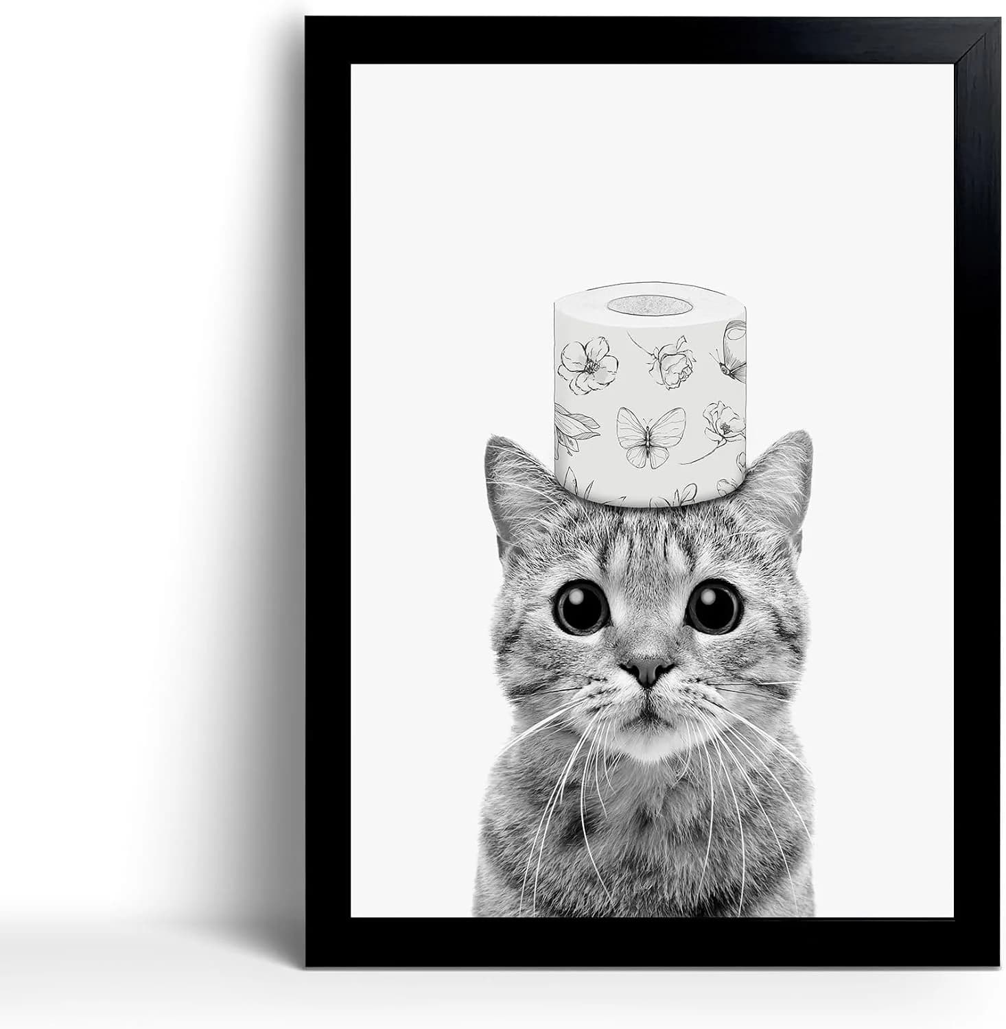 Toilet Paper Prints - Cute Cat Wall Art - Funny Black and White Decor, Canvas Wall Art for Bathroom
