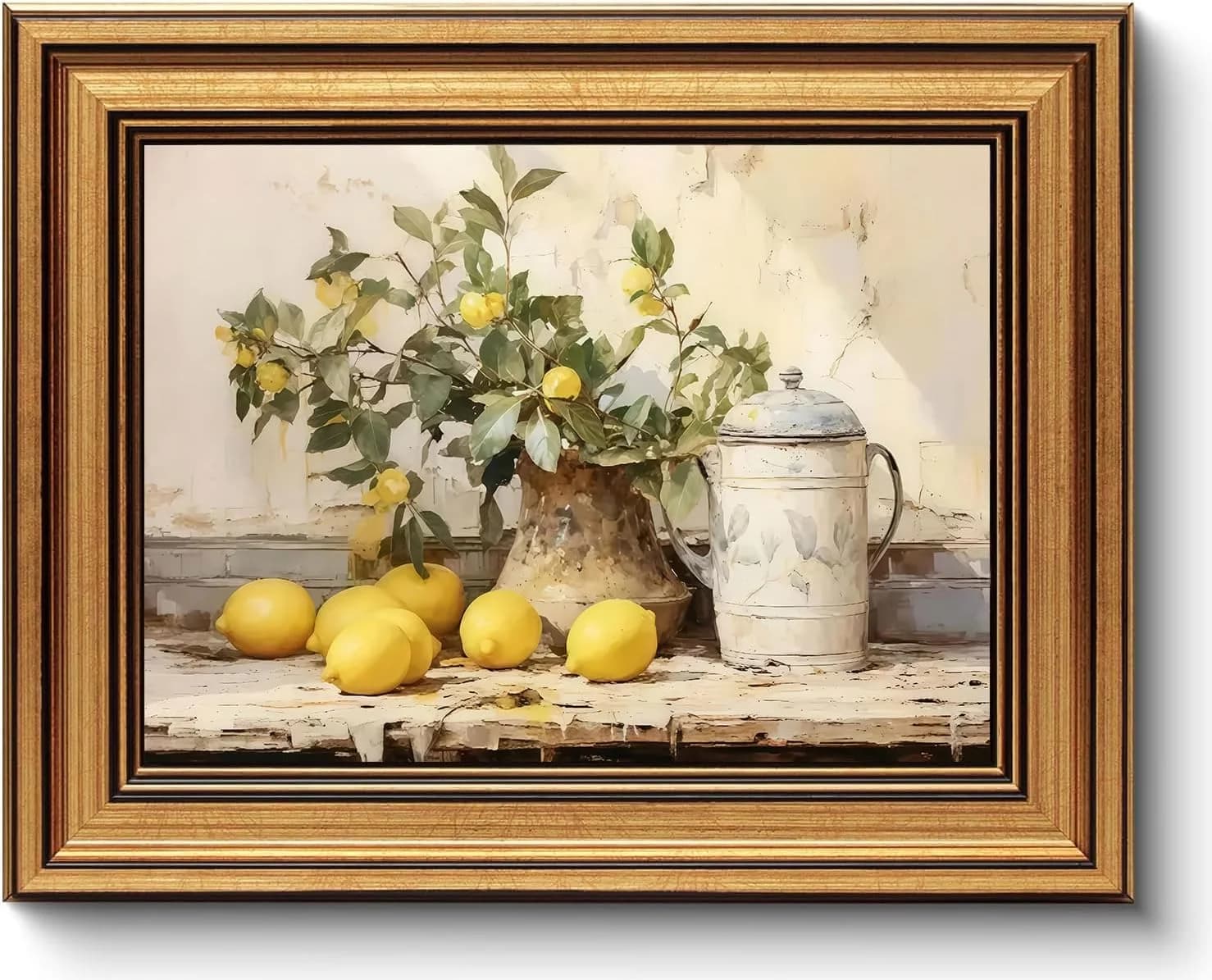 Myzoran Vintage Gold Framed Kitchen Wall Art,Yellow Lemon Still Life Wall Decor, Rustic Farmhouse Artwork, Antique Fruit
